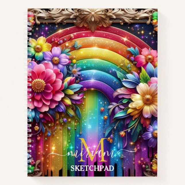 Girly Rainbow Floral Flower Monogram Notebook (Front)