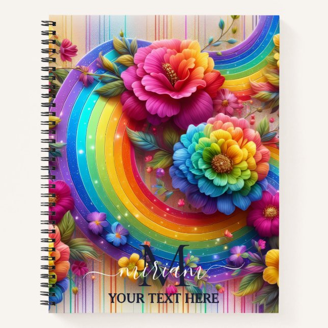 Girly Rainbow Floral Flower Monogram Notebook (Front)
