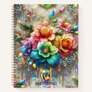 Girly Rainbow Floral Flower Monogram Notebook