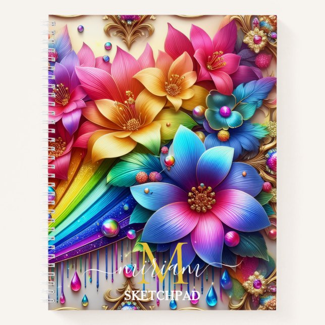 Girly Rainbow Floral Flower Monogram Notebook (Front)
