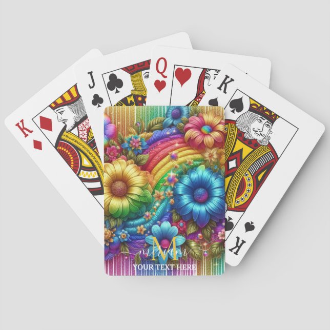 Girly Rainbow Floral Flower Monogram Playing Cards (Back)