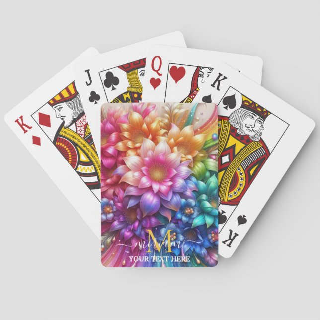 Girly Rainbow Floral Flower Monogram Playing Cards (Back)