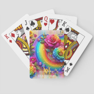 Girly Rainbow Floral Flower Monogram Playing Cards