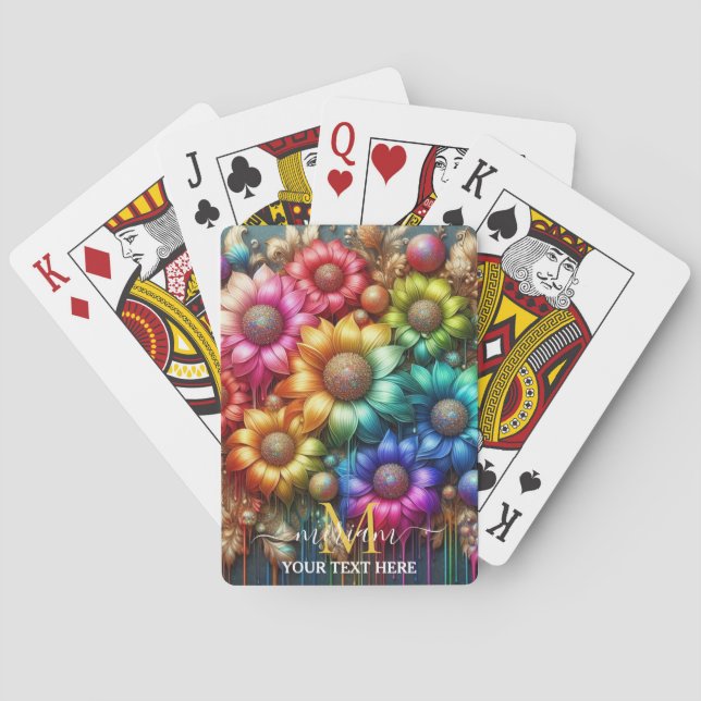 Girly Rainbow Floral Flower Monogram Playing Cards (Back)