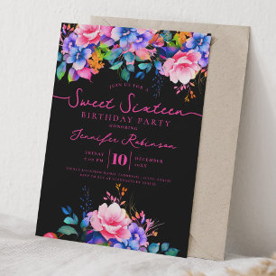 Girly Rainbow Floral Sweet 16 Birthday Black  Invitation