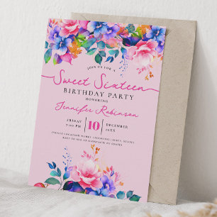 Girly Rainbow Floral Sweet 16 Birthday Party Invitation