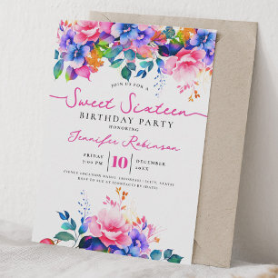 Girly Rainbow Floral Sweet 16 Birthday Party Invitation