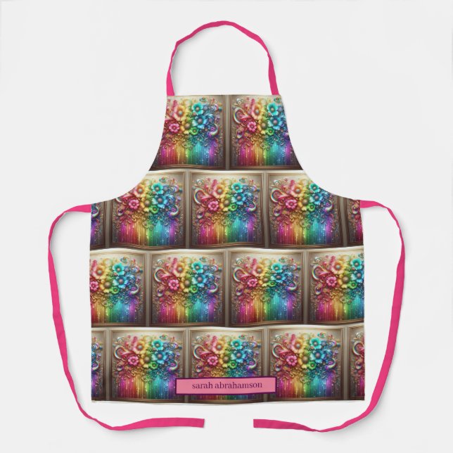 Girly Rainbow Flowers and Glitter Drips Apron (Front)