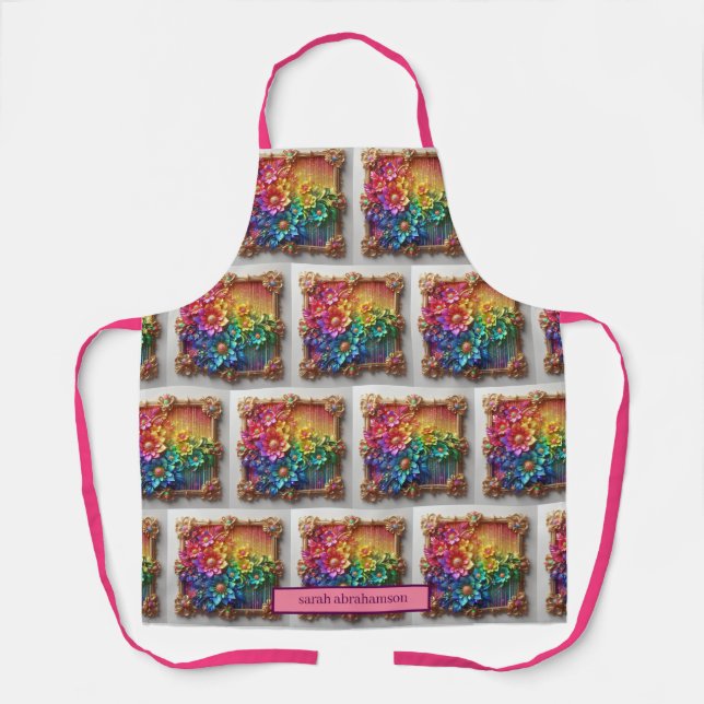 Girly Rainbow Flowers and Glitter Drips Apron (Front)