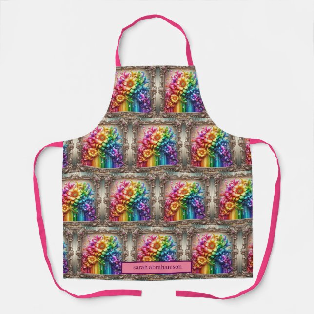 Girly Rainbow Flowers and Glitter Drips Apron (Front)