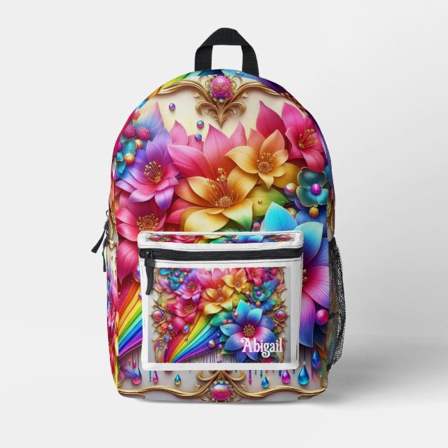 Girly Rainbow Flowers with Glitter Drips Backpack (Front)
