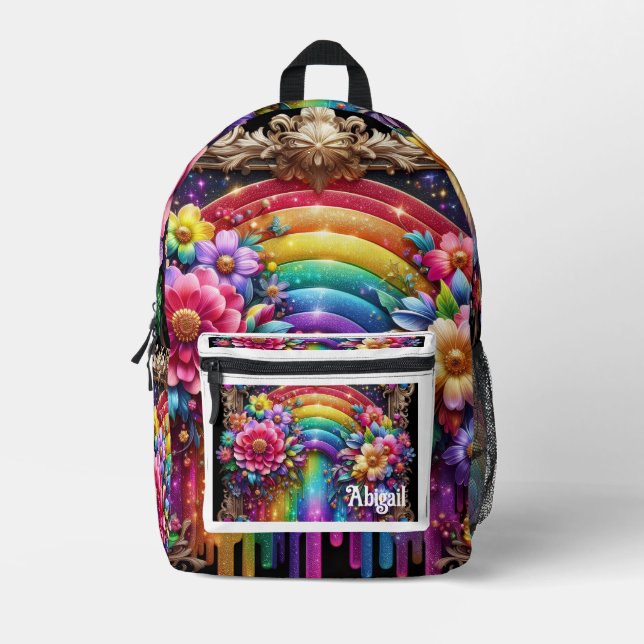 Girly Rainbow Flowers with Glitter Drips Backpack (Front)