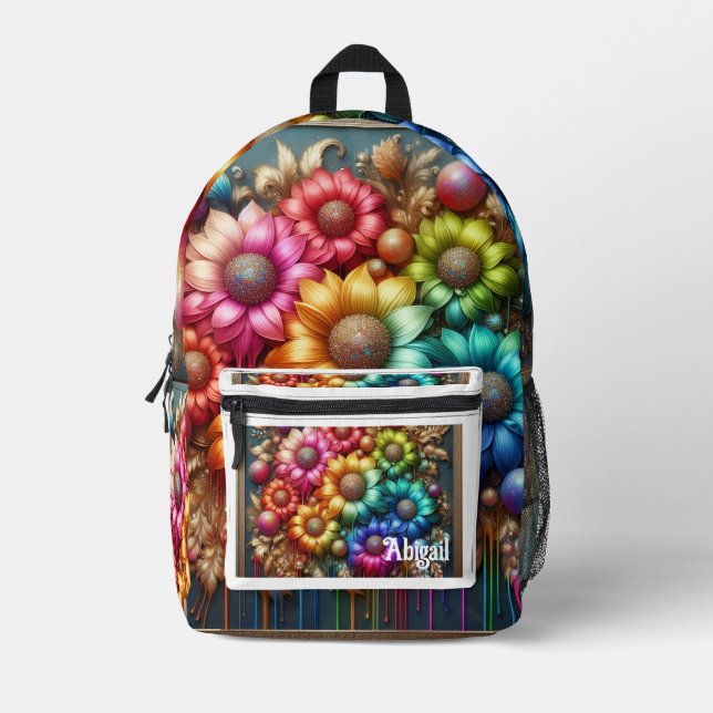 Girly Rainbow Flowers with Glitter Drips Backpack (Front)