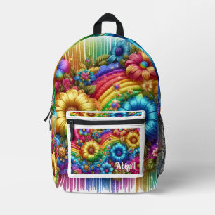 Girly Rainbow Flowers with Glitter Drips Backpack