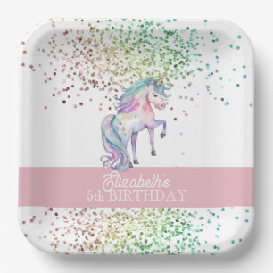 Girly Rainbow Glitter Magical Unicorn Birthday  Paper Plate