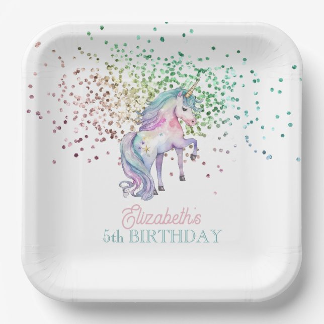 Girly Rainbow Glitter Magical Unicorn Birthday  Paper Plate (Front)
