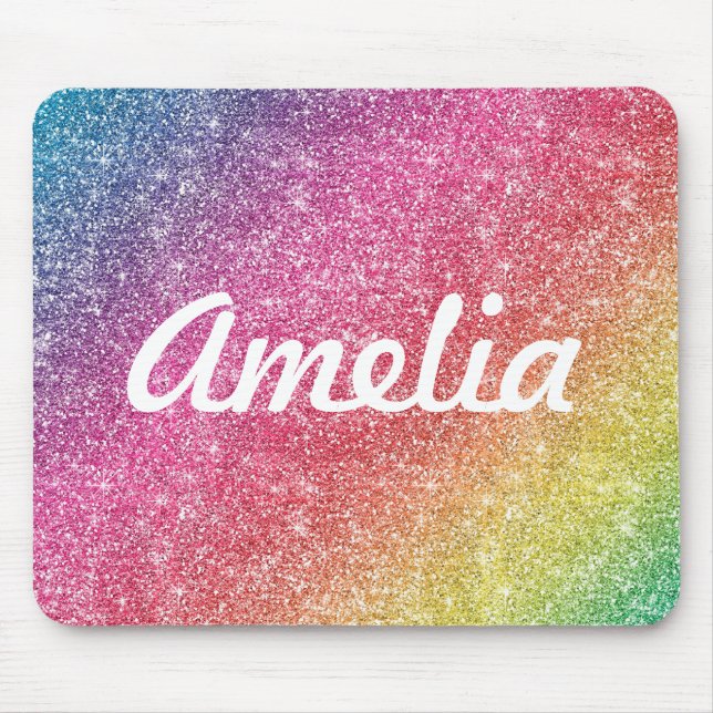 Girly Rainbow Glitter Monogram Name Mouse Pad (Front)