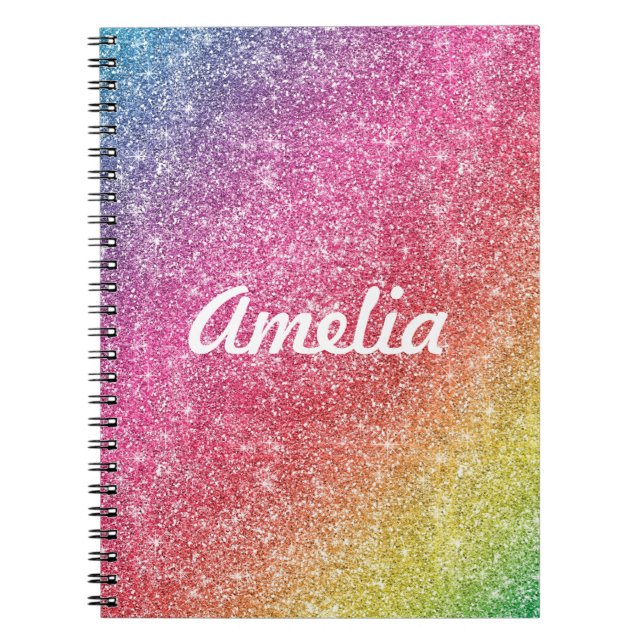 Girly Rainbow Glitter Monogram Name Notebook (Front)