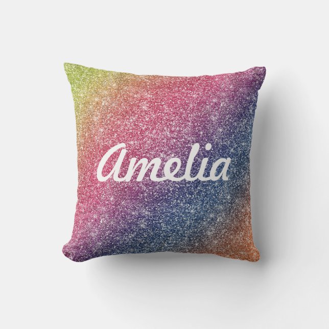 Girly Rainbow Glitter Monogram Name Throw Cushion (Front)