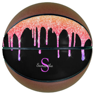 Girly Rainbow Glitter Sparkle Drips Monogram Basketball