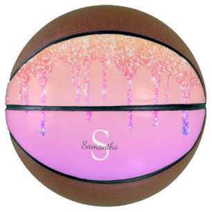 Girly Rainbow Glitter Sparkle Drips Monogram Name Basketball