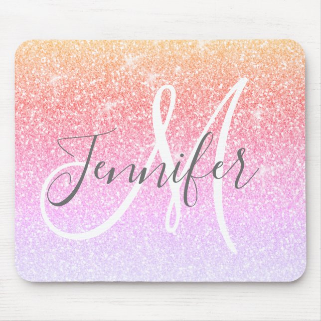 Girly Rainbow Glitter Sparkles Monogram Name Mouse Mat (Front)