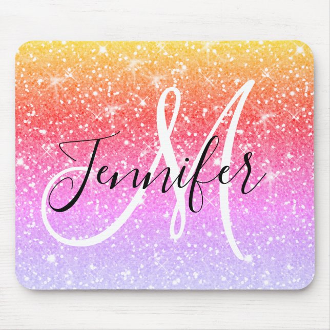 Girly Rainbow Glitter Sparkles Monogram Name Mouse Mat (Front)
