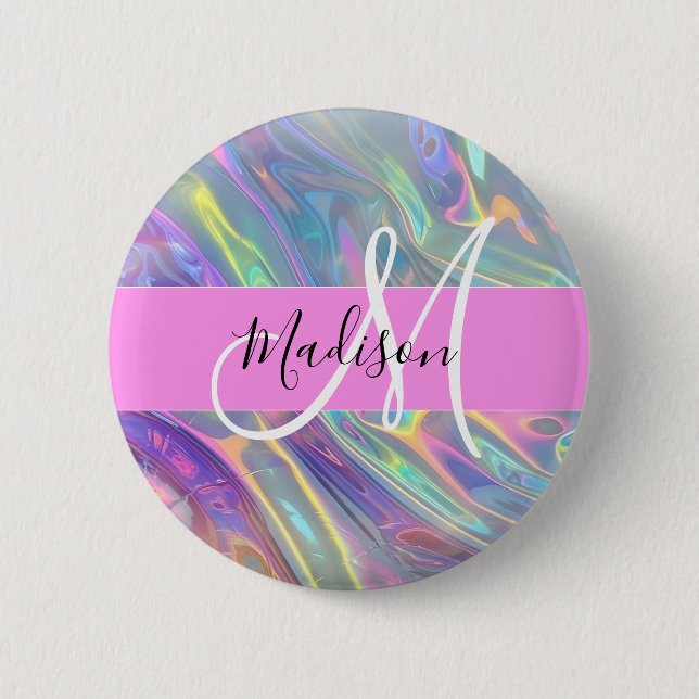 Girly Rainbow Holographic Iridescent Monogram Name 6 Cm Round Badge (Front)
