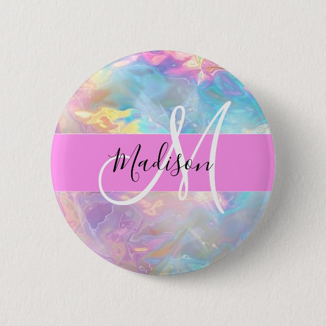 Girly Rainbow Holographic Iridescent Monogram Name 6 Cm Round Badge (Front)