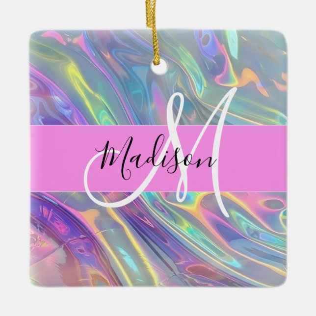 Girly Rainbow Holographic Iridescent Monogram Name Ceramic Ornament (Front)