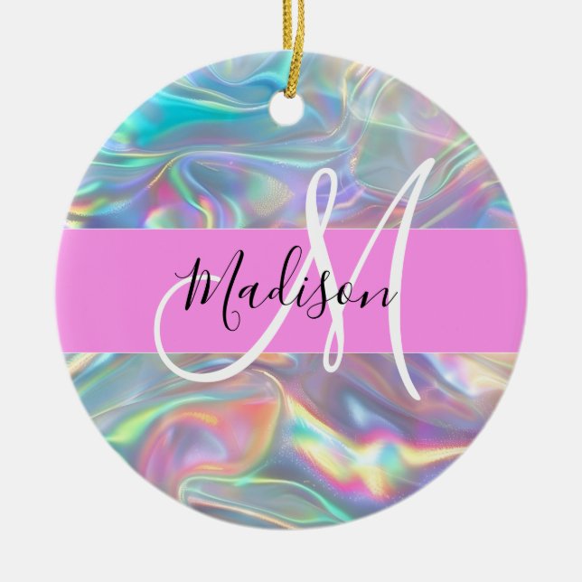 Girly Rainbow Holographic Iridescent Monogram Name Ceramic Tree Decoration (Front)