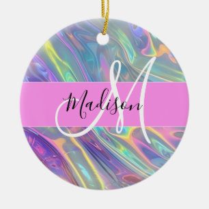 Girly Rainbow Holographic Iridescent Monogram Name Ceramic Tree Decoration
