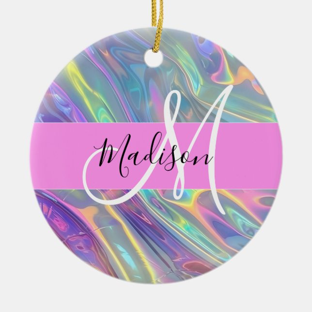 Girly Rainbow Holographic Iridescent Monogram Name Ceramic Tree Decoration (Front)