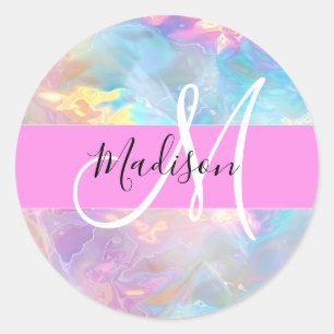 Girly Rainbow Holographic Iridescent Monogram Name Classic Round Sticker