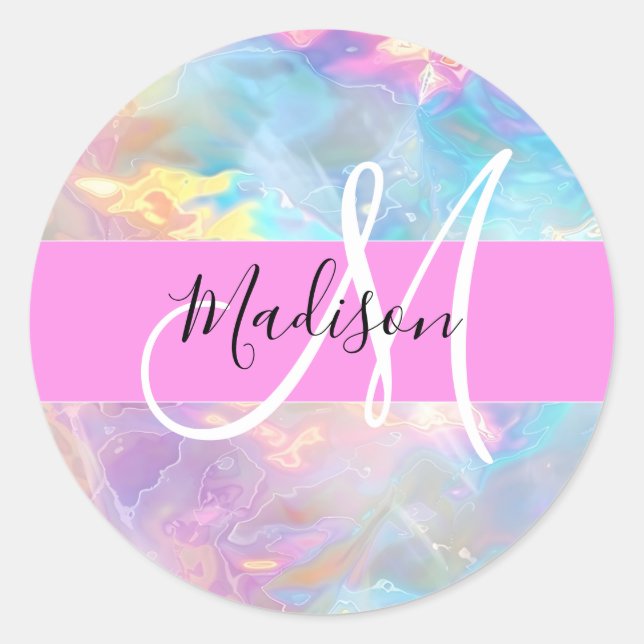 Girly Rainbow Holographic Iridescent Monogram Name Classic Round Sticker (Front)