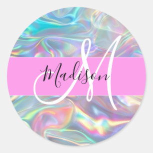 Girly Rainbow Holographic Iridescent Monogram Name Classic Round Sticker