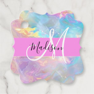 Girly Rainbow Holographic Iridescent Monogram Name Favour Tags