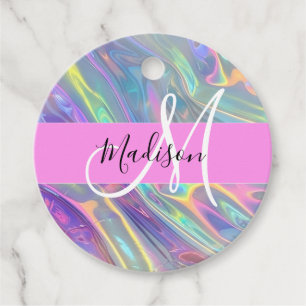 Girly Rainbow Holographic Iridescent Monogram Name Favour Tags