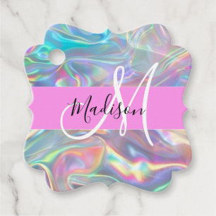 Girly Rainbow Holographic Iridescent Monogram Name Favour Tags