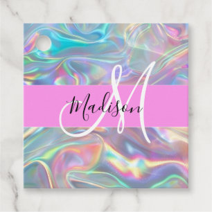 Girly Rainbow Holographic Iridescent Monogram Name Favour Tags