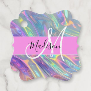 Girly Rainbow Holographic Iridescent Monogram Name Favour Tags