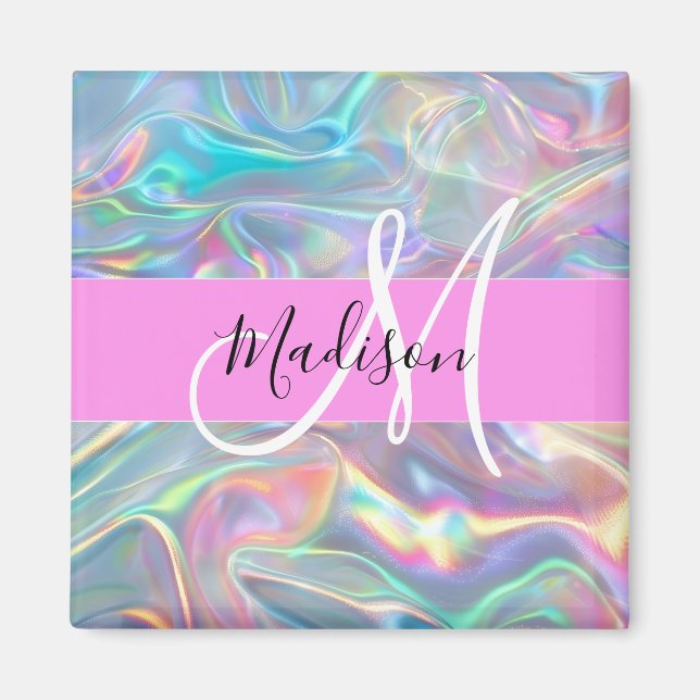 Girly Rainbow Holographic Iridescent Monogram Name Magnet (Front)