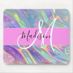 Girly Rainbow Holographic Iridescent Monogram Name Mouse Mat