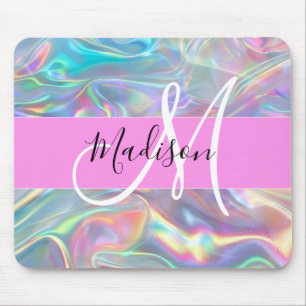 Girly Rainbow Holographic Iridescent Monogram Name Mouse Mat