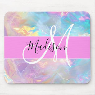 Girly Rainbow Holographic Iridescent Monogram Name Mouse Mat