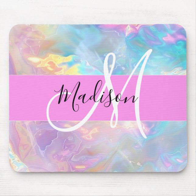Girly Rainbow Holographic Iridescent Monogram Name Mouse Mat (Front)