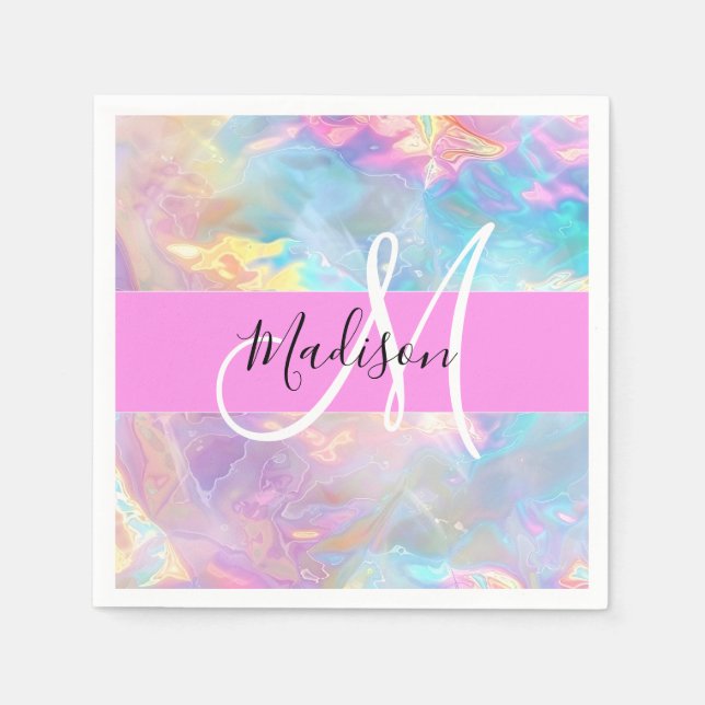 Girly Rainbow Holographic Iridescent Monogram Name Napkin (Front)