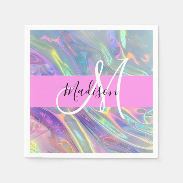 Girly Rainbow Holographic Iridescent Monogram Name Napkin (Front)