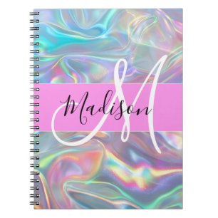Girly Rainbow Holographic Iridescent Monogram Name Notebook