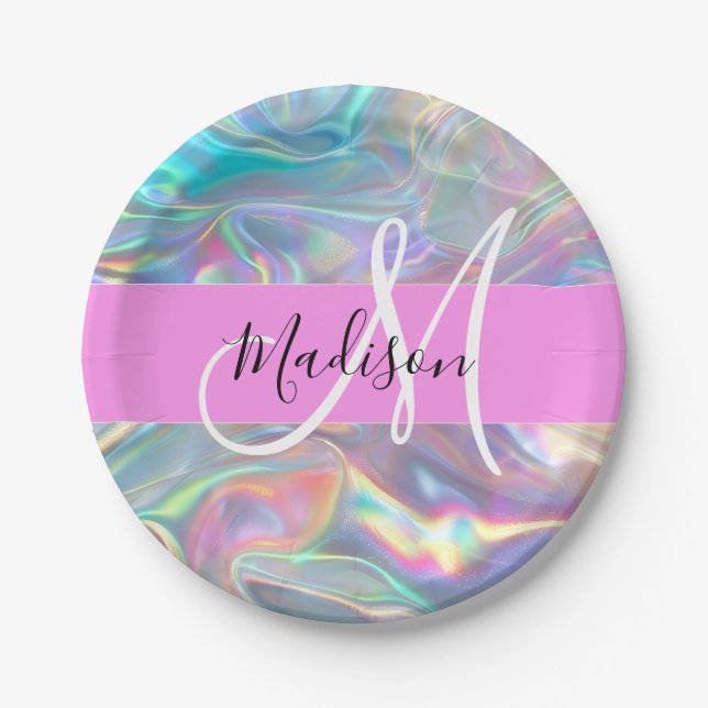 Girly Rainbow Holographic Iridescent Monogram Name Paper Plate (Front)